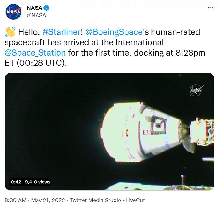 12. 波音星际客船成功对接国际空间站NASA官方推特5月20日发布，波音公司星际客船（Starliner）于美国东部时间20日20:28（北京时间5月21日8:28）与国际空间站对接