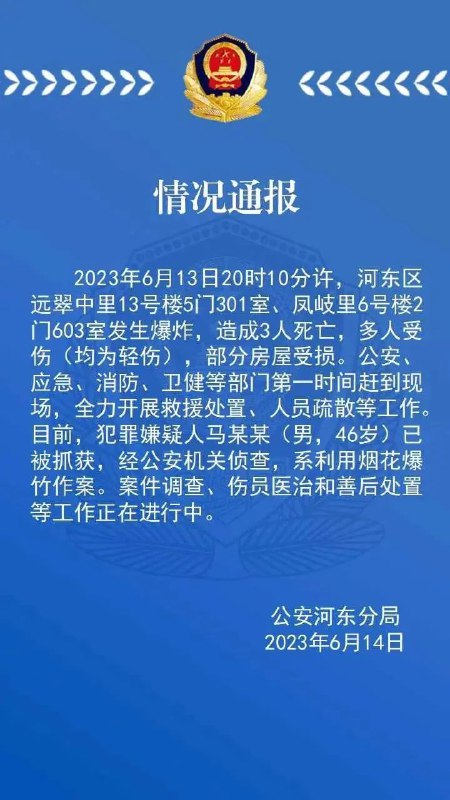 » 8. 天津居民楼爆炸死3人，作案者利用烟花爆竹作案