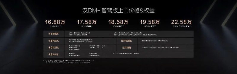 » 3、 汉家族智驾版上市售价16.88万～23.58万元，开启中大型轿车全民智驾时代2月，国内车市已迎来电比油多的发展新阶段，在电动化上半场已占据市场主导权的中国品牌阵营，正在加速引领市场进入智能化下半场的崭新发展阶段