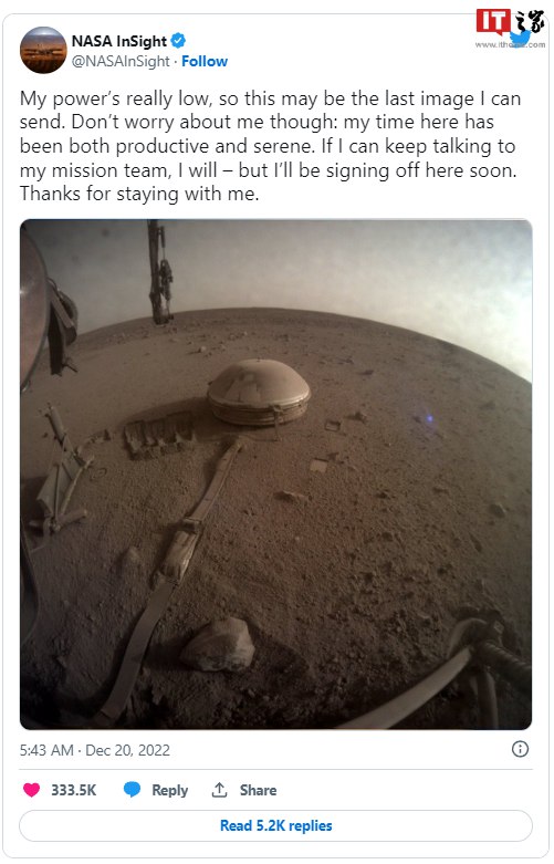 » 13. NASA 洞察号火星探测器任务终结，此前发回最后一张照片NASA 21 日宣布，洞察号（InSight）火星无人探测器在对火星进行长达 4 年多的科学探测之后，任务正式终结