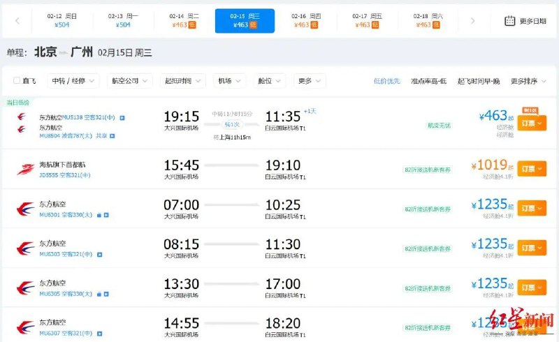» 8、网传国有航司卖低价机票将受限 主营航线不得低于正价4折2月7日晚，网传消息称，国内7家航空公司接到要求，为减少亏损，停止低价投放，监管部门将核查票面以及航信系统