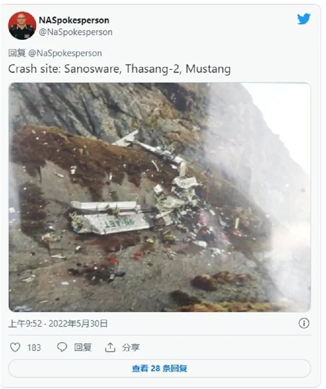 15. 尼泊尔载22人航班失事 遗体已全部找到据尼泊尔当地媒体5月30日下午报道，该国失事坠毁航班中的22位遇难者遗体已经全部被找到