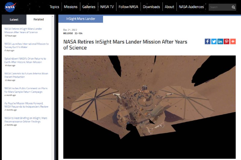» 13. NASA 洞察号火星探测器任务终结，此前发回最后一张照片NASA 21 日宣布，洞察号（InSight）火星无人探测器在对火星进行长达 4 年多的科学探测之后，任务正式终结