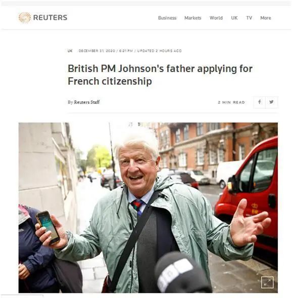 17. 入籍申请获批 英国首相父亲成法国公民法国司法部消息人士19日说，英国首相鲍里斯·约翰逊的父亲斯坦利·约翰逊申请入籍获得批准，正式成为法国公民