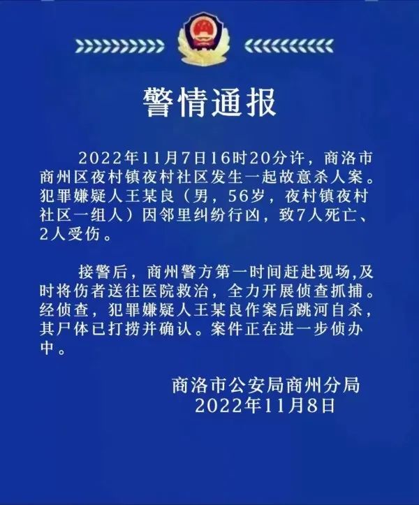 » 10. 陕西商洛发生一起故意杀人案致7死2伤 嫌疑人跳河自杀11月7日16时20分许，陕西商洛市商州区夜村镇夜村社区发生一起故意杀人案