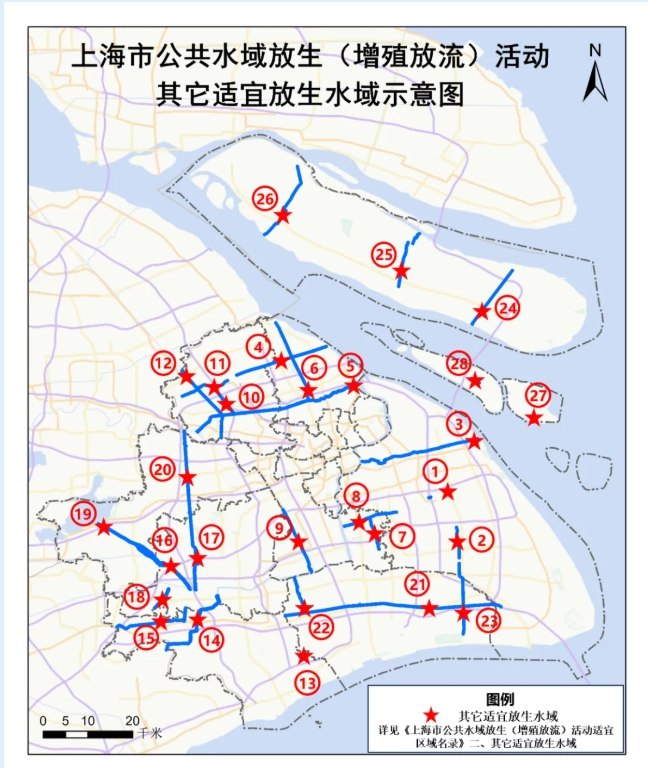 » 8、上海推荐28处水域引导依法合规放生近年来，无序放生导致大量鱼类死亡进而破坏河湖生态环境的事件多次发生