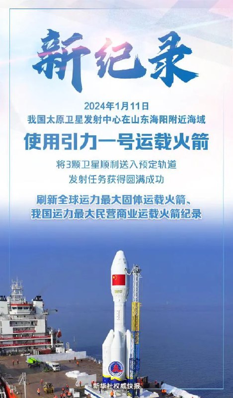 » 10、中国在海上发射最大固体运载火箭1月11日，我国太原卫星发射中心在山东海阳附近海域使用引力一号遥一商业运载火箭，将搭载的云遥一号18-20星3颗卫星顺利送入预定轨道，飞行试验任务获得圆满成功