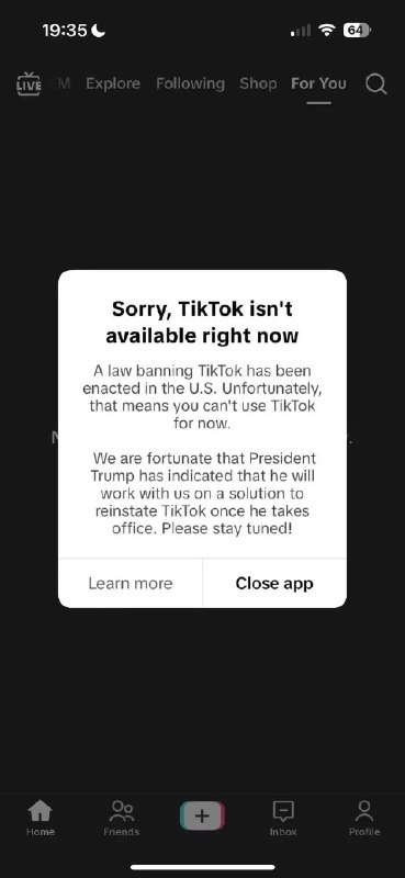 » 3. TikTok在美国停止服务界面新闻获悉，TikTok向美国用户推送信息称，“很抱歉，TikTok 目前无法使用