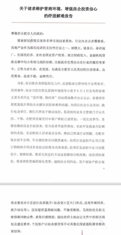 14. 全国首例 合肥17家房企联名请求市政府：打击专业房闹及“恶意维权”8月12日，一份名为《关于请求维护营商环境、增强房企投资信心的纾困解难报告》的文件在网络流传，落款处清晰地盖着保利、华润、绿城、龙湖、旭辉和葛洲坝等17家品牌房企的印章
