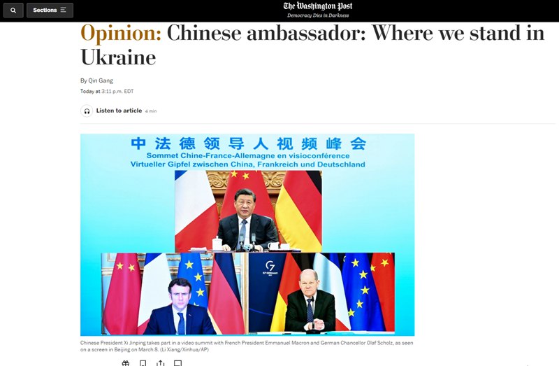 9. 秦刚反驳“默许”俄乌冲突等说法：中方不可能在知情情况下不予劝阻2022年3月15日，驻美国大使秦刚在《华盛顿邮报》发表题为《我们在乌克兰问题上的立场》的署名文章