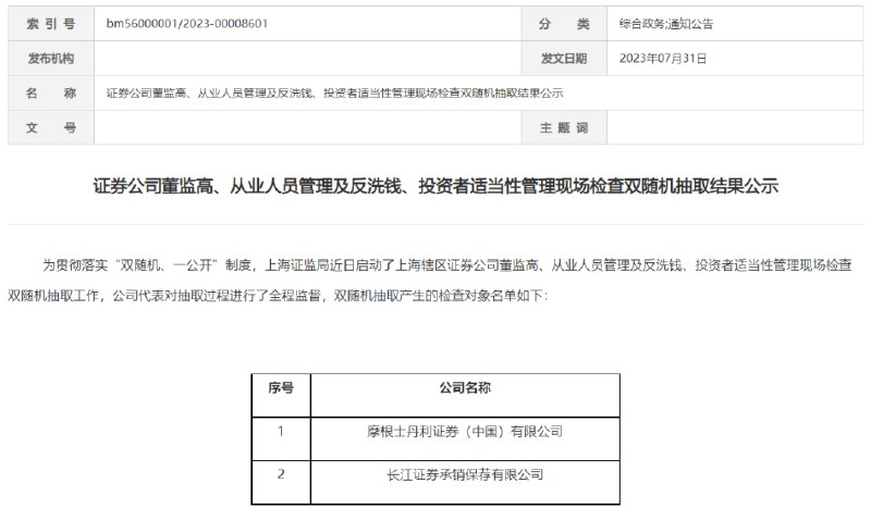 » 5、摩根士丹利刚发研报下调中国股票评级就遭上海证监局现场检查？知情人士：从时间线来看，两者缺乏因果关系上海证监局近日启动了上海辖区证券公司董监高、从业人员管理及反洗钱投资者适当性管理现场检查双随机抽取工作，本周一公布将对摩根士丹利证券等券商开展现场检查