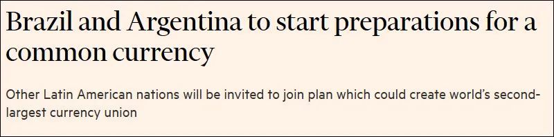 » 5. 巴西阿根廷计划建立共同货币据英国《金融时报》1月22日报道，巴西和阿根廷将在本周举行的拉美和加勒比国家共同体（CELAC）峰会上宣布，两国正就建立“共同货币”展开准备工作，以减少对美元的依赖