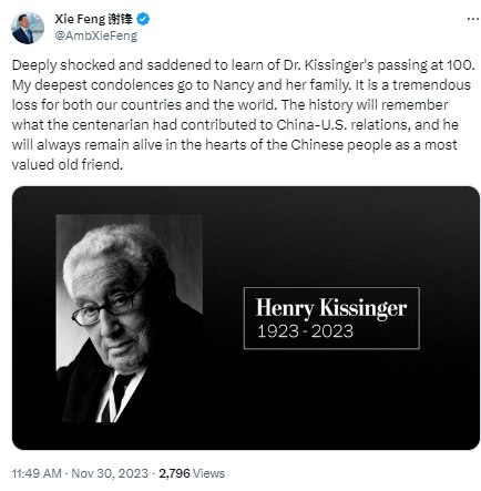 » 5. 百岁基辛格去世 more… more…中国国家主席就基辛格博士逝世，向拜登总统致唁电，对基辛格博士逝世表示深切哀悼，向其家人表示慰问