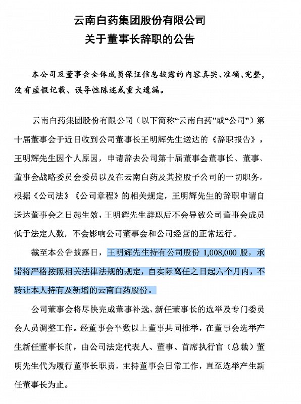 » 3. 云南白药元老王明辉就任董事长4个月突然辞职 股价跌5.28%3月6日，云南白药发布公告，称王明辉因个人原因，申请辞去公司第十届董事会董事长、董事、董事会战略委员会委员，以及在云南白药及其控股子公司的一切职务