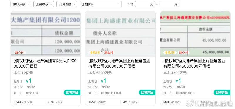 » 5、恒大集团1.2亿元债权1元起拍近日，阿里资产拍卖平台上架多个对恒大地产集团及旗下子公司债权的拍卖项目