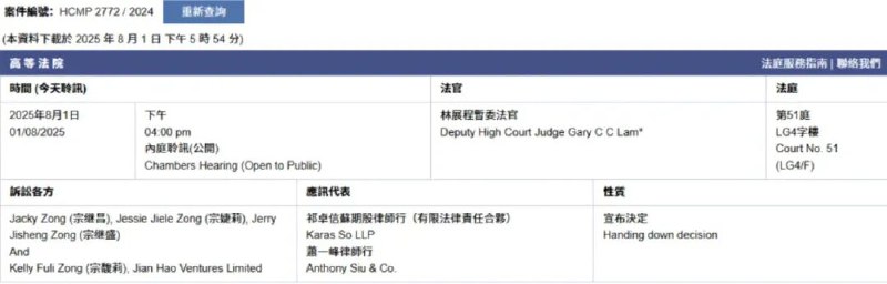 » 5、私生子通过香港高院暂时冻结宗馥莉18亿美元香港高等法院8月1日颁发非正审禁制令，裁定宗馥莉在杭州中级人民法院及浙江高级人民法院诉讼有结果前，除非法庭有其他命令，否则不得从Jian Hao Ventures Limited的香港汇丰银行帐户提款或转帐任何资产